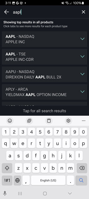 The option wizard search intrument page on the Android Phone